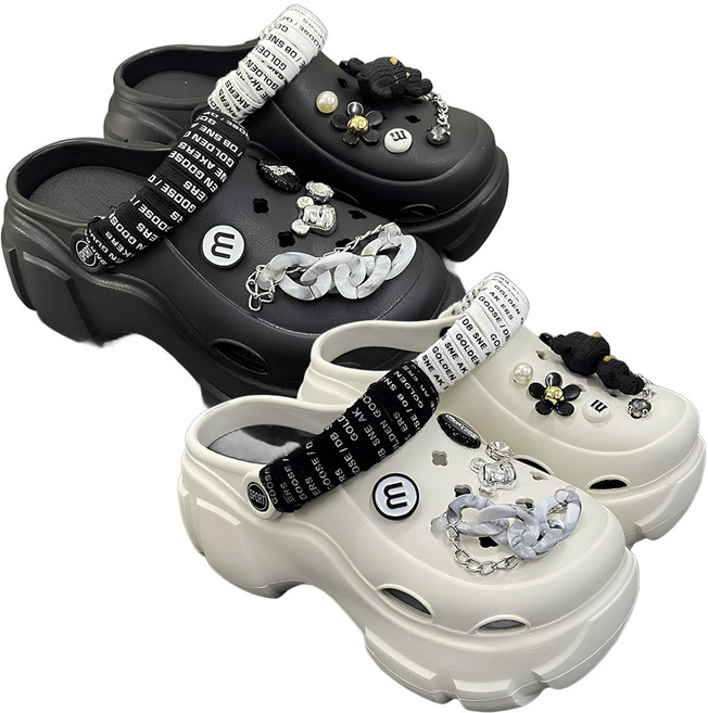 [1+1] 로로비 여성 통굽 7CM 키높이 샌들 슬리퍼 회사 사무용 여행용 파츠 장식