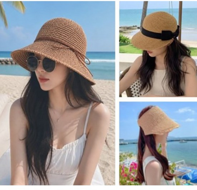 포룸 여성 라탄 비치모자 리본햇 외출모자 UV돌돌이 썬캡 여름모자