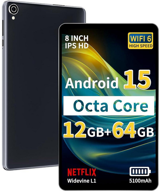 Topsand Android 15 태블릿 8인치 태블릿 옥타코어 프로세서 12GB RAM 64GB ROM 2TB 확장형 1280 800 IPS HD 화면 WiFi6 BT5, Black, 1개, 8" Android 15 Black