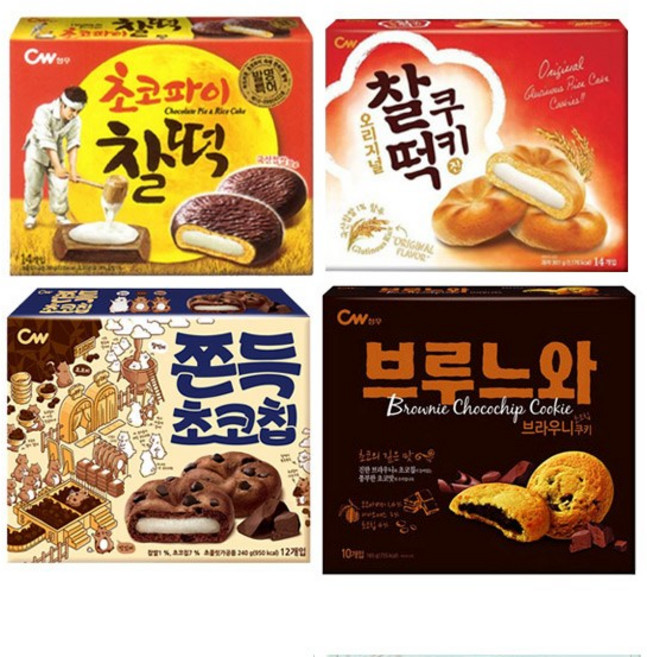 청우식품 청우 찰떡쿠키 215g+초코파이 찰떡 215g+쫀득 초코칩 240g+브루느와쿠키 165g [총4개], 4개