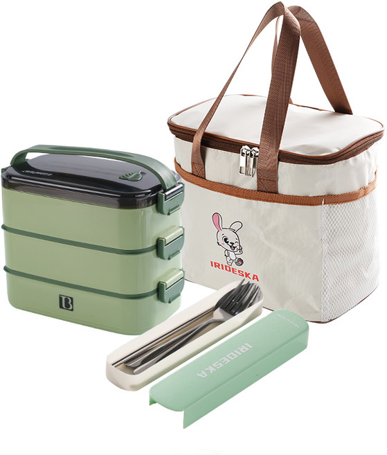 직장인 스텐 도시락 대용량 학생 도시락 다단 프리 코디 피크닉 보온 런치박스, 1세트, 연두색(3단)