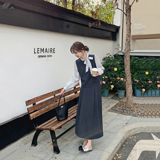 POMTOR 여성 캐주얼 정장 롱스커트 세트 하객룩 투피스