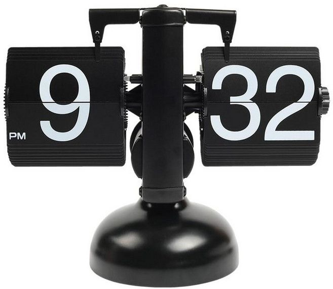 무어스 플립 데스크 시계블랙 레트로 빈티지 디자인 오토 데스크/테이블 시계 대용량 배터리 구동 내부 기어 홈 데코 오피스 스쿨 호텔 카페에 이상적임, 블랙