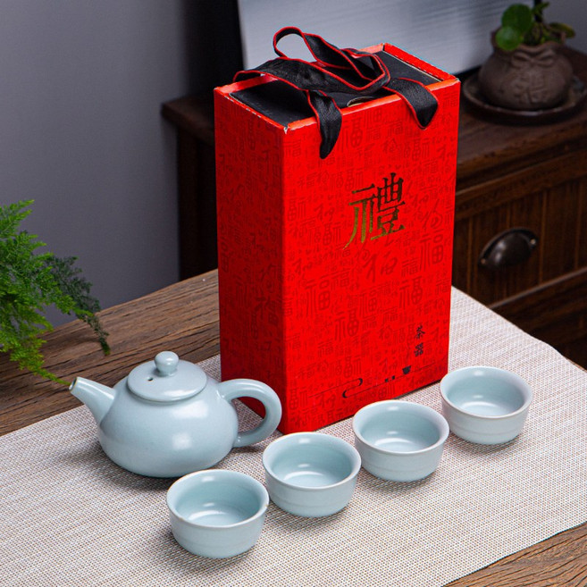 廠家直銷哥窯汝窯禮品禮盒茶具套裝公司活動伴手禮年會隨手禮logo, 1個, 紅盒汝窯仿古壺一壺4杯:36