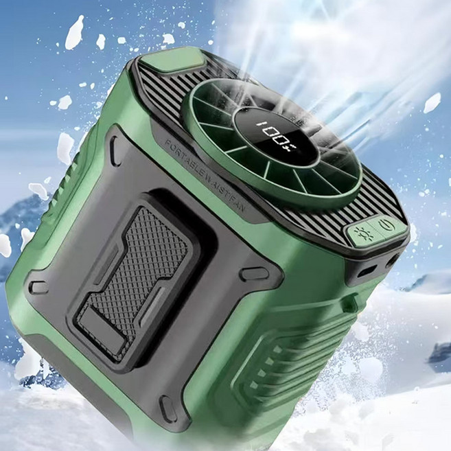 ROOICE 휴대용 허리선풍기 저소음 목선풍기 야외 작업 캠핑 선풍기 대용량 배터리 LED 조명, 그린