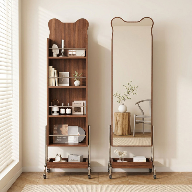 Uri Jip 이동식 전신거울 다용도 수납 스탠드형 인테리어, 호두색