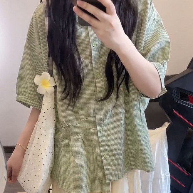 甜美綠格子泡泡袖短袖襯衫上衣 兩件套裝, 1個, 綠色襯衫2XL125-135斤