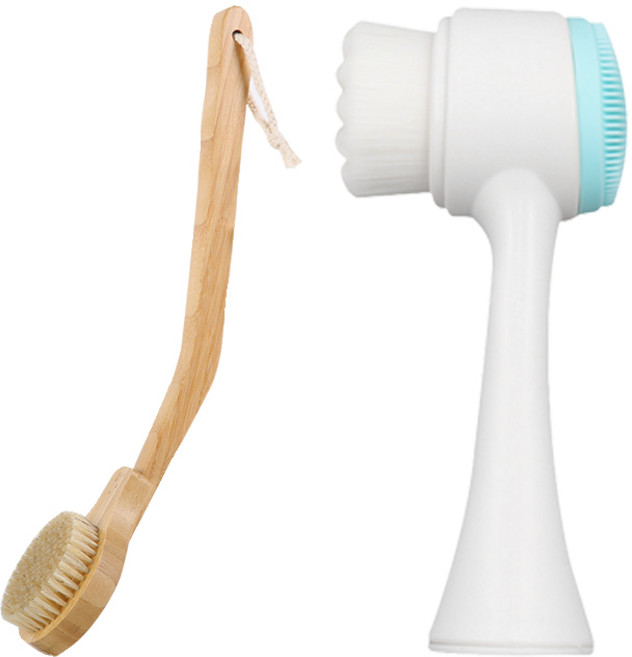 투데이리빙 2종 세트 바디 브러쉬 + 모공 브러시 바디 샤워 목욕 세안 부드러운 미세모 곡선형 목욕솔 샤워솔 클렌징, 1세트, 2개입, R99992A