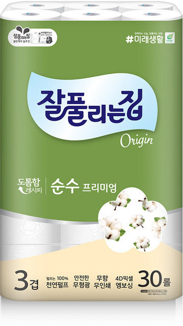 잘풀리는집 순수프리미엄 천연펄프 롤화장지 3겹 두루마리 휴지, 1개, 30롤
