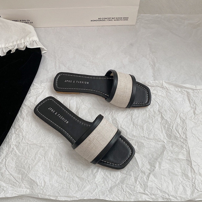 PAPORA 亞麻法式簡約涼拖鞋 時尚百搭平底 拼色清新質感, 黑色,36