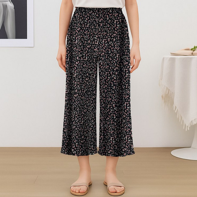 어나더뷰 [8부] 쿨 와이드 밴딩 플리츠 바지 패턴 봄 여름 쿨링 냉감 긴바지 파자마 잠옷 홈웨어 이지웨어 촌캉스 2750