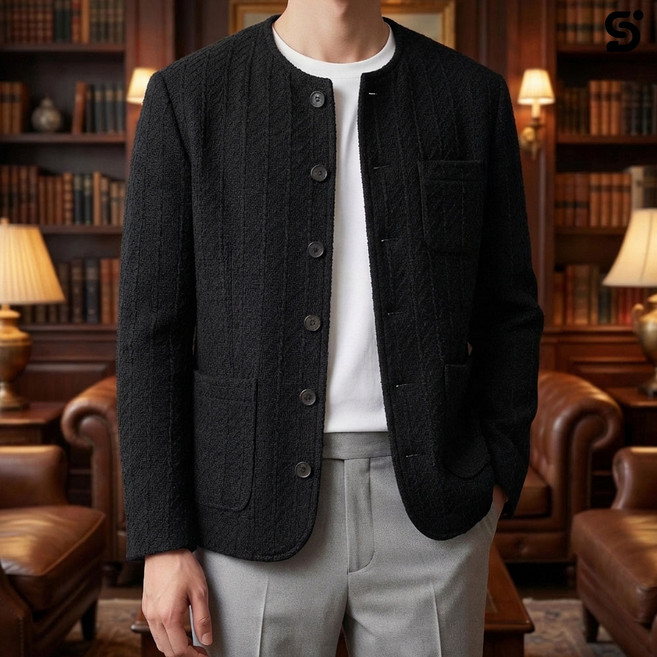 하비리아 남성 남자 트위드 캐주얼 노 카라 없는 자켓 봄 가을 블랙 검정 검은색 기본 핏 패턴 큰 대형 2 3 빅 사이즈 엑스라지 남자용 남성용