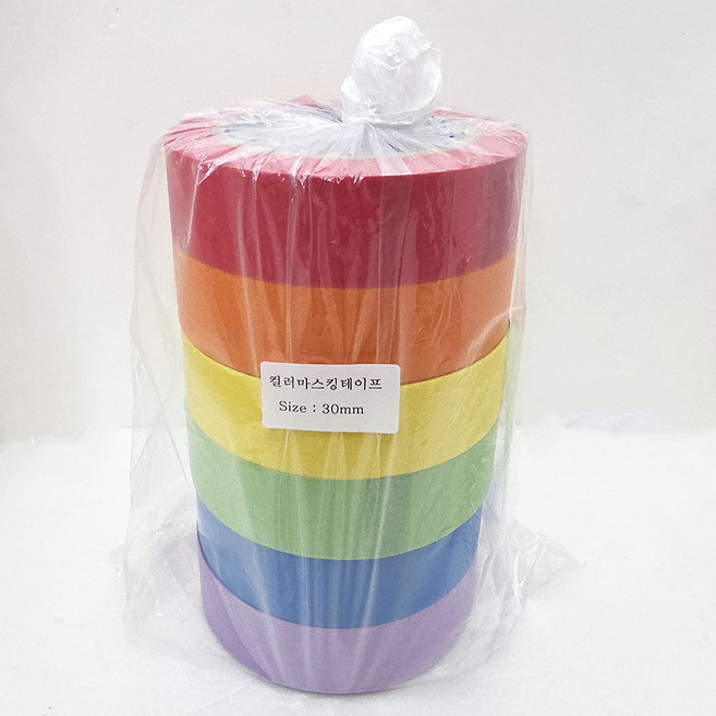 (1세트6개입) 무지개색 마스킹테이프 30mm X 6색, 1세트, 빨.주.노.초.파.보:30mm x40M -6색(1세트)