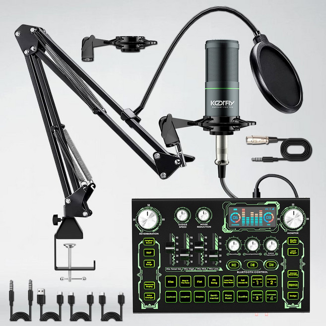 Koorfly KF01 올인원 사운드카드 48V 마이크 세트 노이즈캔슬링 방송용 오디오 인터페이스, 1개, KF-01 풀세트 (블랙/마이크+이어폰 포함)