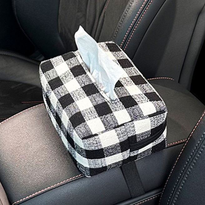 티쯔 차량용 체크 티슈 케이스 암레스트 헤드레스트 화장지 캠핑용 휴지걸이, 블랙, 1개
