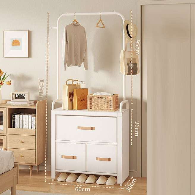 [SMTONE] 스탠드 옷걸이 행거 철제 튼튼한 시스템 서랍 수납형 먼지방지 현관 거실 침실 부직포 서랍, 화이트