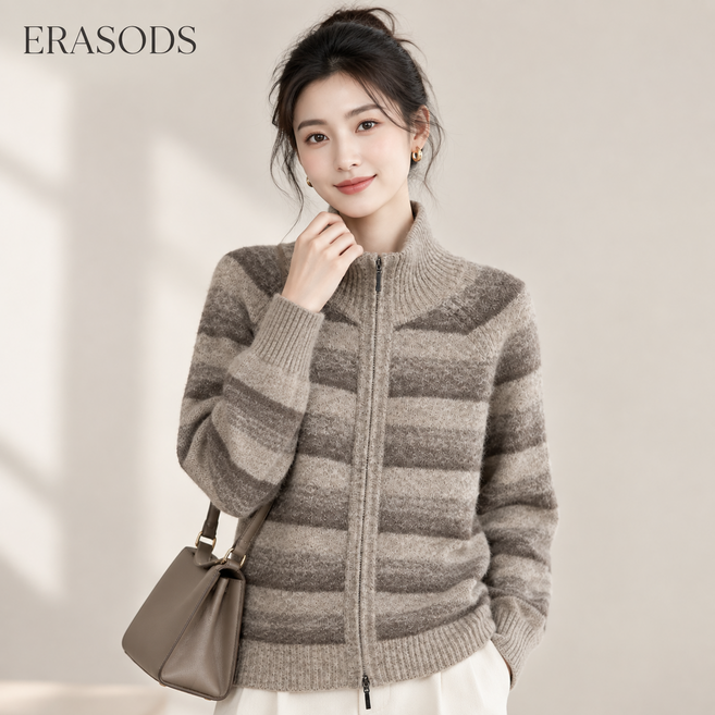 7위 - ERASODS 여성 캐시미어100% 하이넥 지퍼 가디건 스트라이프 패턴 가을겨울 니트 자켓-6261