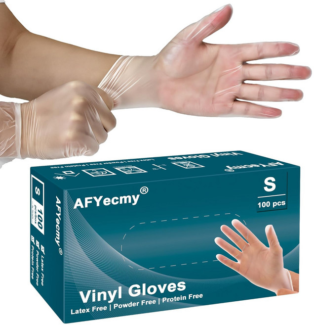 AFYecmy 투명 비닐 장갑 파우더 프리 및 라텍스 일회용 청소 500만 개 100개 소형, Small, 5mil Box of 100