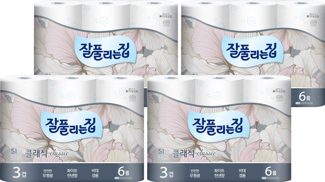 잘풀리는집 클래식 3겹 무형광화장지 25m 6롤 4팩 (24롤), 4개