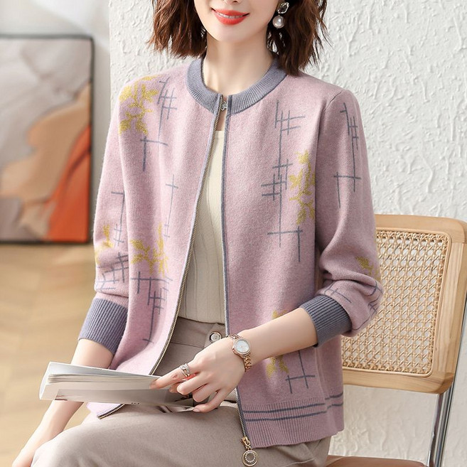 Neirny 중년여성 라운드넥 니트 가디건 긴팔 봄가을 엄마룩 숏자켓 간절기 스판 집업 데일리 루즈핏 아우터 니트 코트