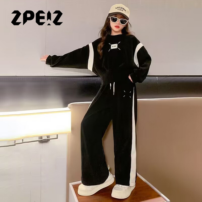 5위 - ZPEIZ 여아 봄가을 맨투맨 와이드 팬츠 투피스 캐주얼 코디 세트 긴바지 긴소매 주니어 상하복 세트