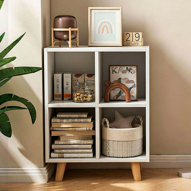 키스미스 책장 오픈형 대용량 전면 격자 수납장 수납 선반, 화이트, 2단