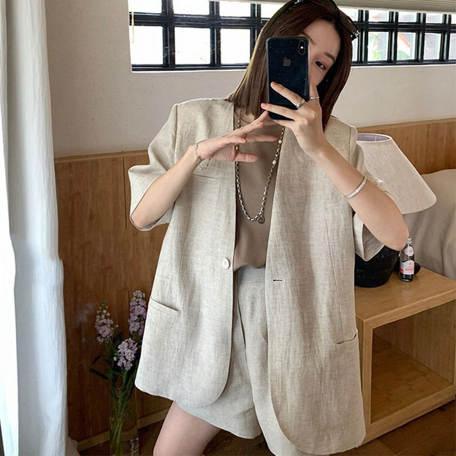 옌츠 오버사이즈 여자 여름 루즈핏 얇은 반팔 정장 코트 CY428