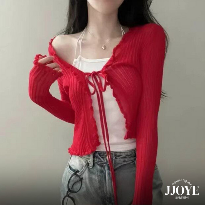 쪼예 자외선차단 물결 프릴 시스루 리본 긴팔 크롭 가디건