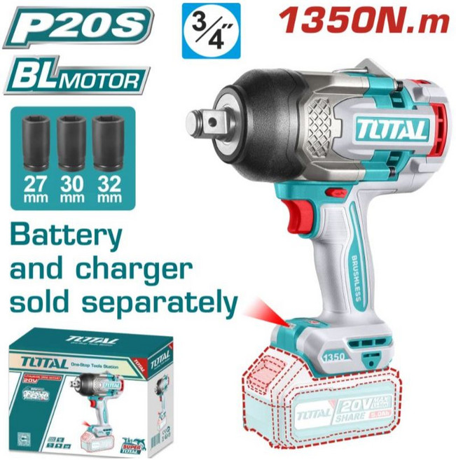 TOTAL 20V 鋰電無刷電動板手 1350N.m, 1個