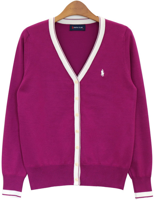 라파클럽 여성 배색 브이넥 데일리 라인 긴팔 니트 가디건