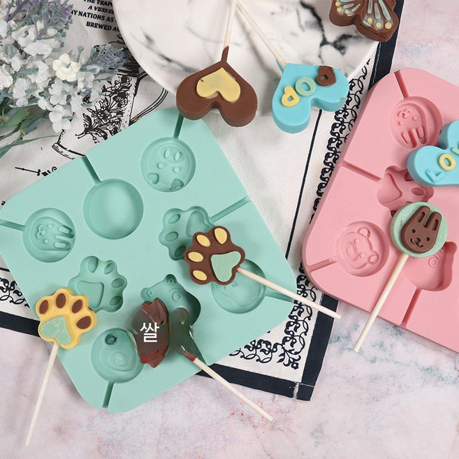 실리콘 롤리팝 몰드 막대사탕 틀 초콜릿 모양 수제 캔디 만들기 실리콘, 20개, A_love 돼지 곰+막대 20개