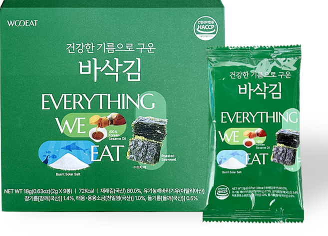 우잇 짜지않은 건강한 조미 어린이 바삭김 유기농 해바라기유 국내산 참기름 천일염 무첨가, 1개, 18g