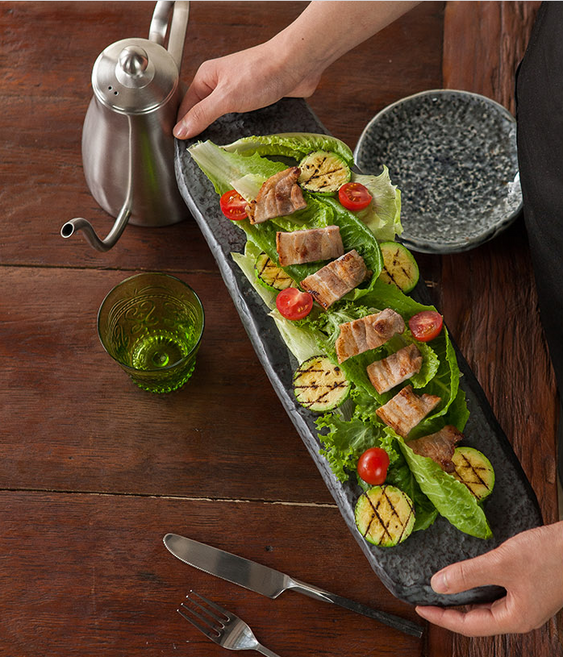 블랙 두터운 돌도마 긴 롱접시 파티 샐러드 구이 플레이팅 집들이그릇, 1개