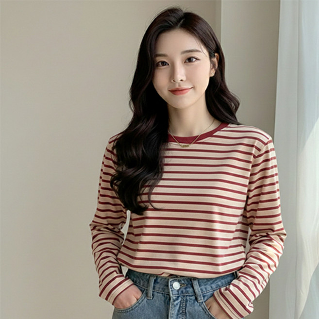 데일로엔 여성 라운드넥 줄무늬 긴팔 티셔츠