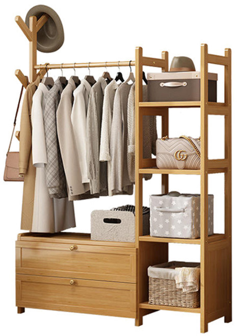 台灣發貨落地衣櫥衣帽架組合：開放式掛衣架、簡易衣帽架、多功能儲物櫃, 經典翻蓋原色無置物架, 原木色