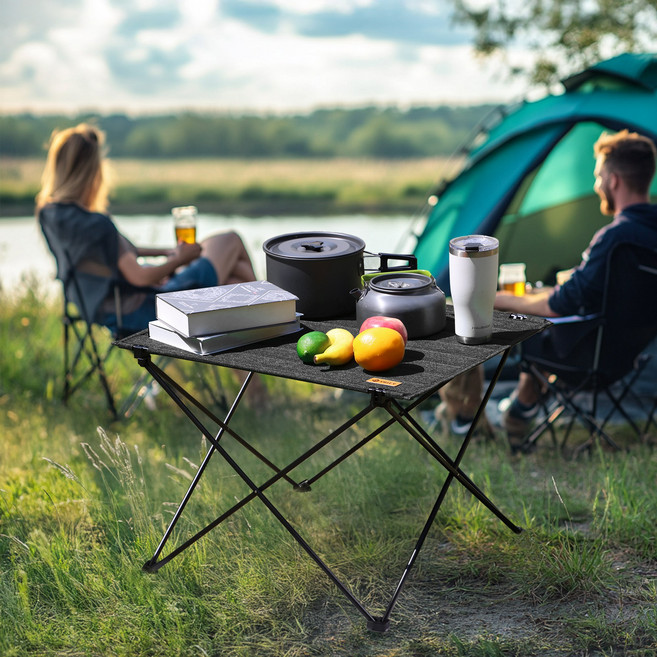 VILLEY 초경량 패브릭 접이식 캠핑 테이블 수납 가방 포함 백패킹용 피크닉용, 블랙