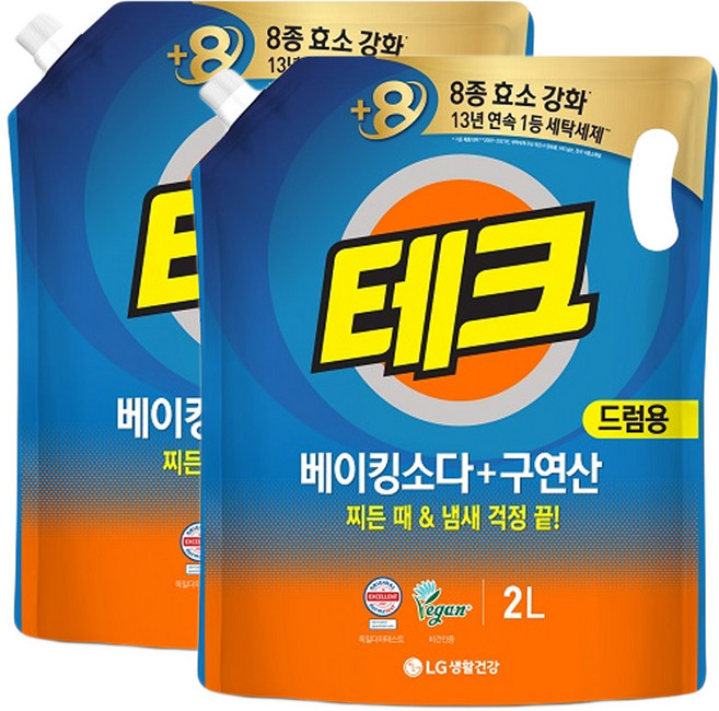 LG생활건강 테크 액체 세제 리필형 드럼용 2L+2L(1세트), 2L