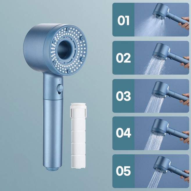 핸드 샤워기 필터 세트 수압상승 단계조정, 1개, 블루
