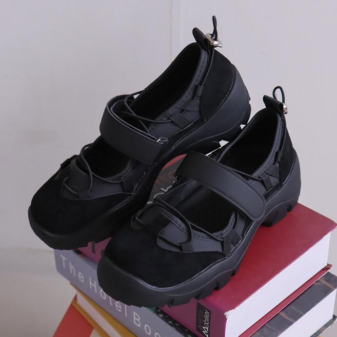 빅사이즈 260) 호이젠 고프코어 컬러 배색 벨크로 스트랩 스트링 통굽 키높이 메리제인 스니커즈 3.5cm