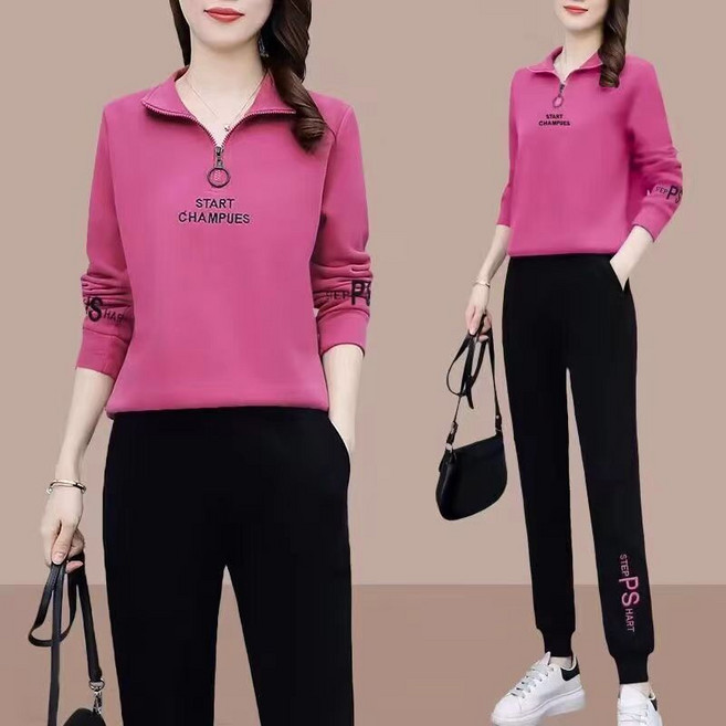 Ashysnow 간절기 캐주얼 트레이닝복 세트 여 봄 가을 자수 맨투맨 캐주얼 조거 팬츠 투피스