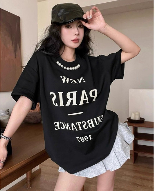 여성 루즈핏 반팔 티셔츠 레터링 프린트 캐주얼 데일리룩