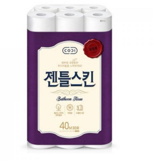 코디 젠틀스킨 40m*30롤 도톰하고 먼지 없는 무형광 천연펄프_nsmc 롤화장지, 40m, 30롤, 2개