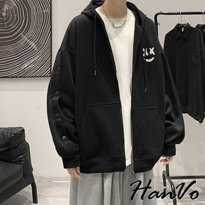HanVo 男款笑臉袖子鈕扣造型加絨保暖外套 - 柔軟寬鬆百搭韓系