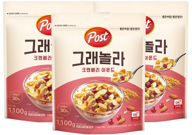 포스트 그래놀라 크랜베리아몬드1.1kg x 3개+사은품랜덤증정, 1.1kg, 3개