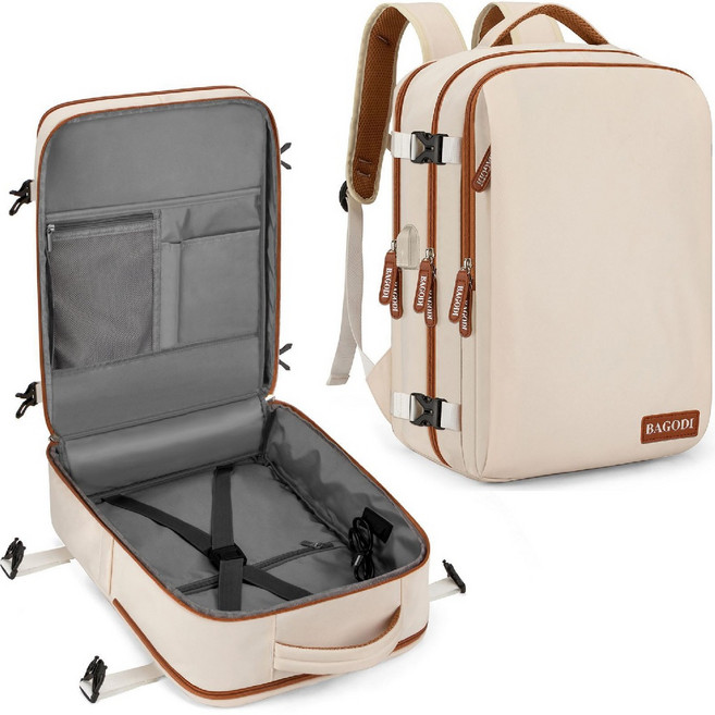 BAGODI 減壓防震旅行商務後背包, 登機背包【米色】40L/可裝17吋電腦