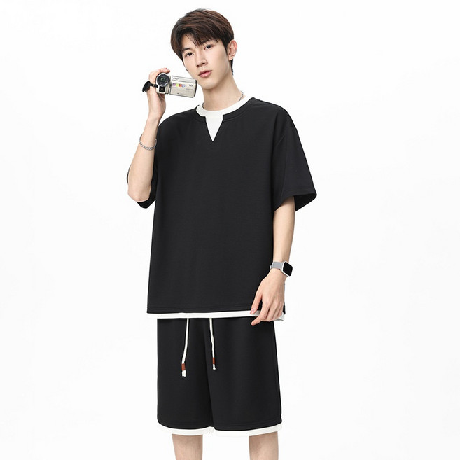 ANYOU 남성 여름 브이넥 반팔 트레이닝 세트 쿨링 통기성 반팔 세트 2P