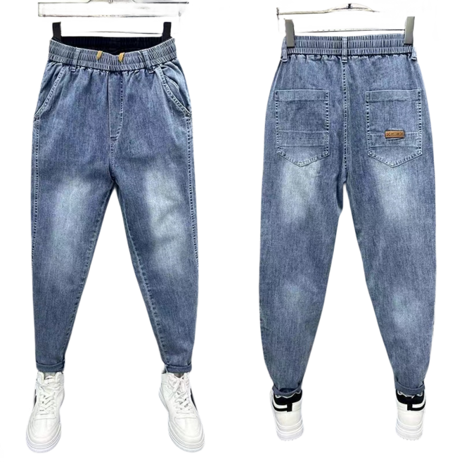 십전십미 여름 얇은 데님 팬츠 남자 와이드 배기 팬츠 밴딩 조거 팬츠