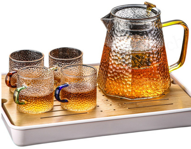 Owalch 거름망이 있는 주전자 세트 내열 유리 주전자 티포트+ 내열 컵2/4p 세트, 750티포트 + 찻잔4p, 1개