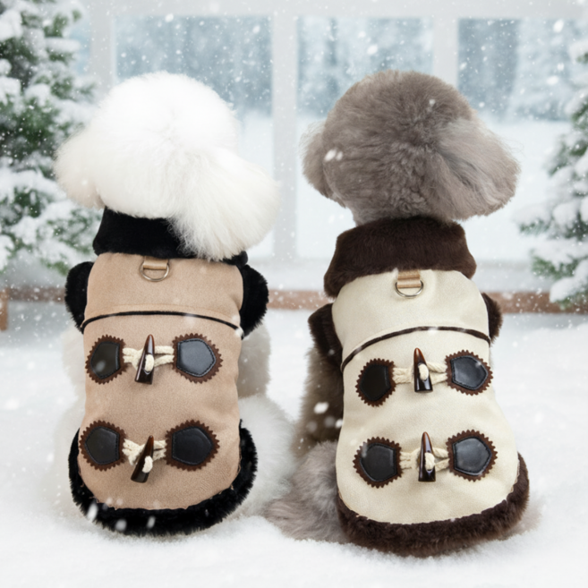 피오링 떡볶이 단추 부드러운 겨울 방한 강아지 무스탕 하네스(고양이 겸용), 1개, 브라운