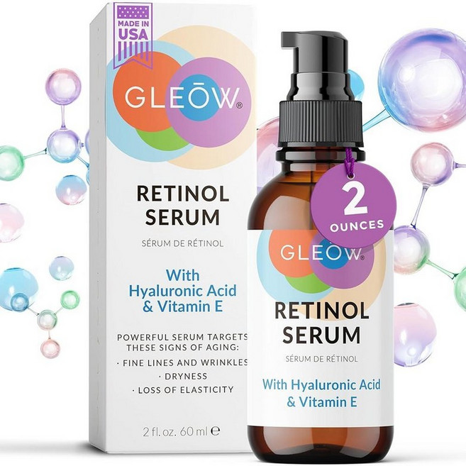 GLEOW 2024 얼굴용 레티놀 세럼 여성용 히알루론산 페이스 하이드레이팅 나이트 레티놀 세럼 59.1ml(2온스), 레티놀 세럼 56.7g(2온스), 1개, 60ml
